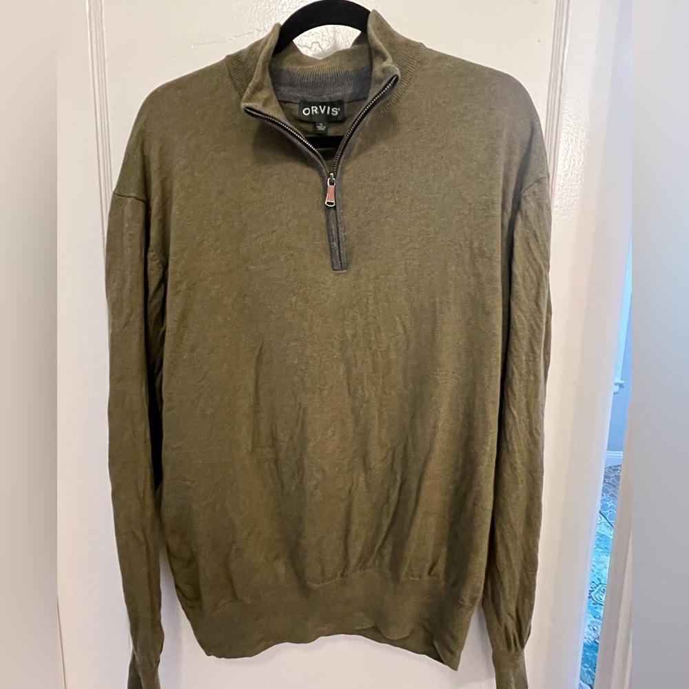 Men’s Orvis Size XL Olive Cotton/Cashmere/Silk Blend 1/4 Zip Crewneck